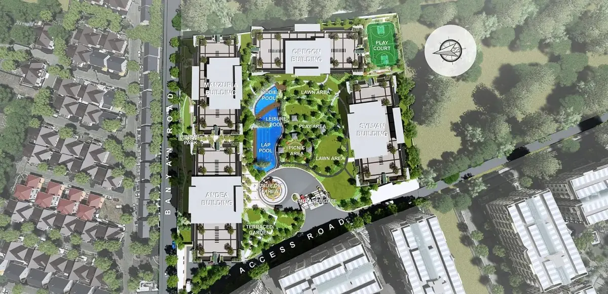Alder Residences site development plan showing the Andea, Manzuria, Oregon, and Sylvan buildings and amenity layout, Acacia Estates, Taguig