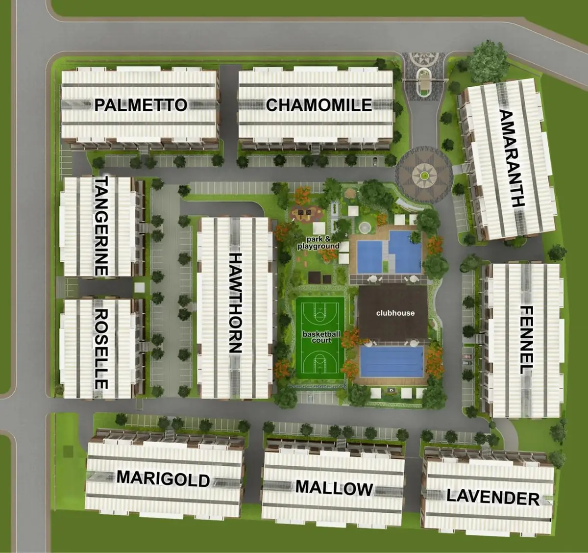 Cedar Crest site development plan showing Amaranth, Chamomile, Fennel, Hawthorn, Lavender, Mallow, Marigold, Palmetto, Roselle and Tangerine around the shared amenity area with its clubhouse, two pools, basketball court and park and playground, architect's perspective illustration, not to scale