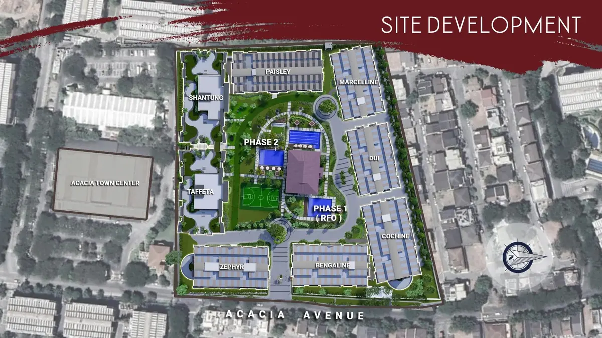Mulberry Place site development plan showing Phase 1 (RFO) buildings Marcelline, Dui, Cochine, Bengaline and Phase 2 buildings Paisley, Shantung, Taffeta, Zephyr around the shared amenity core