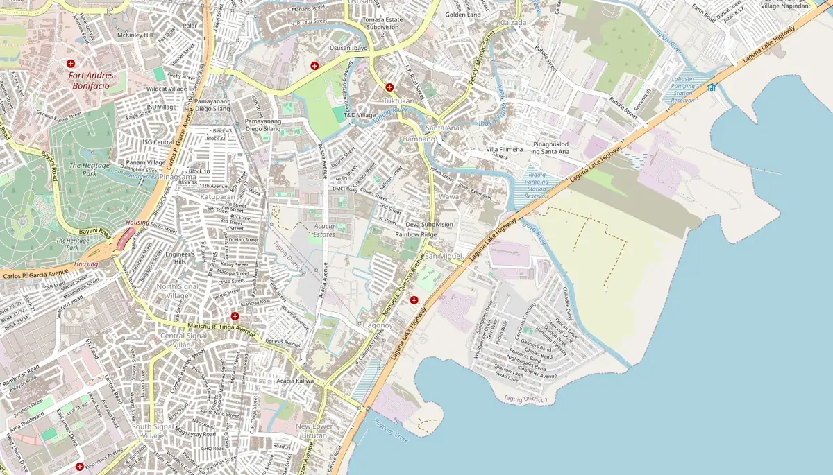 Location map of Rainbow Ridge Condominiums in Barangay Hagonoy, Taguig City, with SM Savemore Acacia Estates, Taguig City Hall, Puregold Taguig and Medical Center Taguig nearby, and Bonifacio Global City to the north-northwest