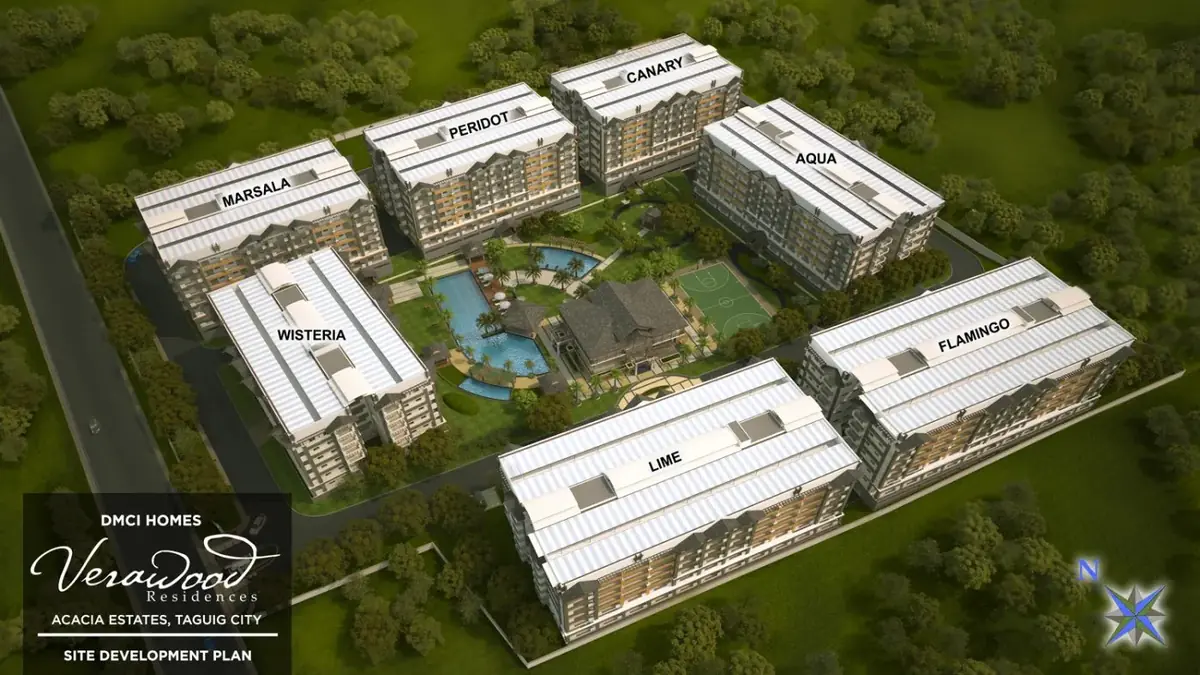 Verawood Residences site development plan showing Aqua, Canary, Flamingo, Lime, Marsala, Peridot and Wisteria around the central amenity area with its free-form leisure pool, lap pool, clubhouse and multi-purpose court, architect's perspective illustration, not to scale